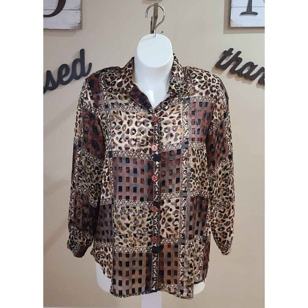 Resource Sheer Shades of Brown Printed Button Front Top Size 16